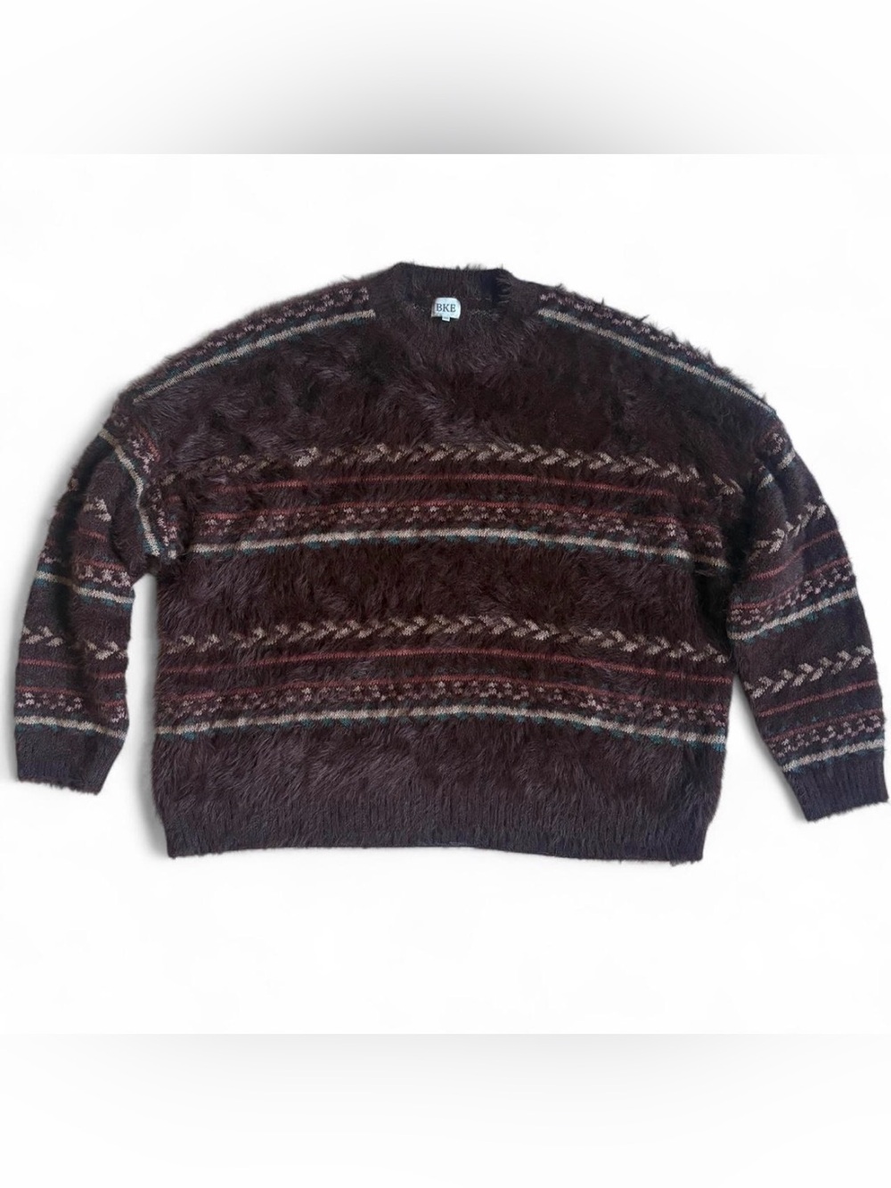 BKE Women’s Dark Brown Crewneck Sweater with Multicolor Stripes